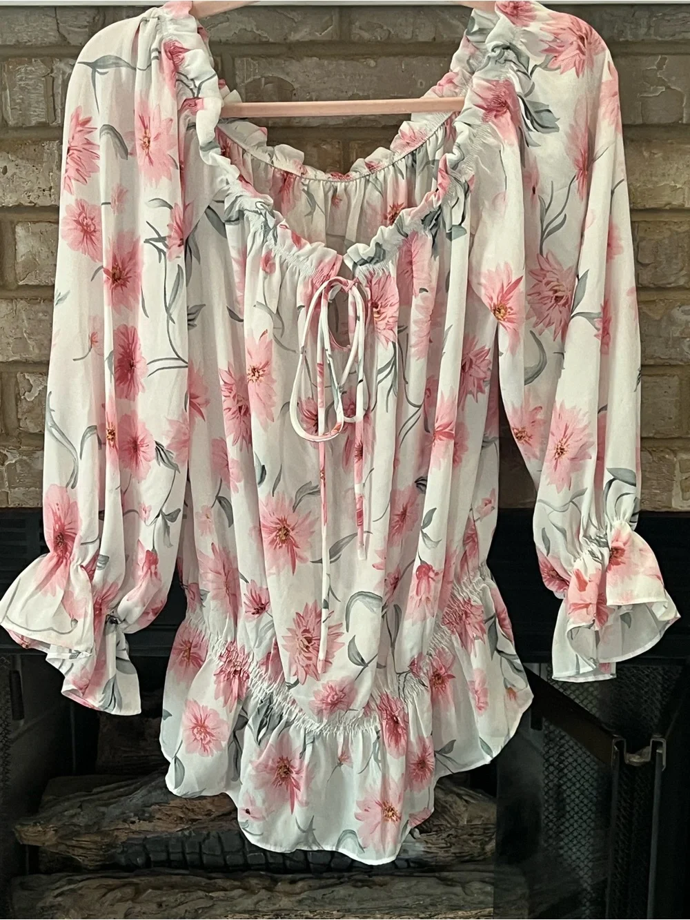 White and Pink Floral Ruffle Peasant Blouse
